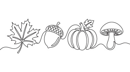 Minimalist continuous line art of autumn elements, maple leaf and pumpkin with acorn and mushroom, fall harvest seasonal vector illustration © Rehana