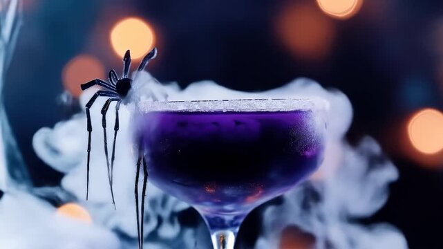 Spooky halloween cocktail with spider garnish and eerie atmosphere
