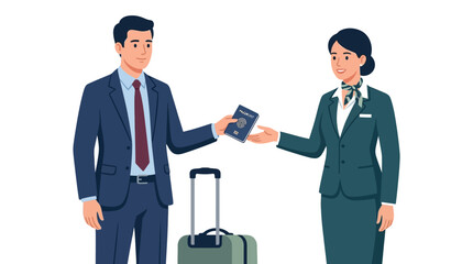 Fototapeta premium Businessman handing passport to flight attendant at airport check-in desk flat vector illustration