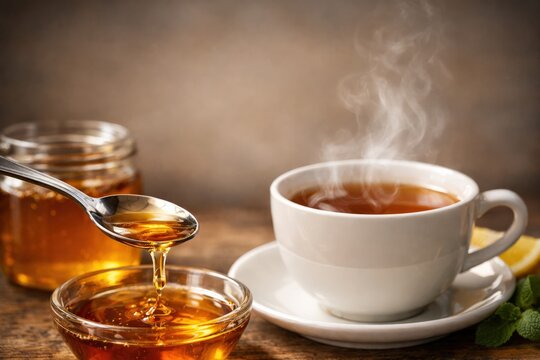 A steaming cup of hot tea is paired with golden honey, fresh lemon, and mint. This comforting, natural beverage is ideal for wellness, healthy living, and advertising campaigns.