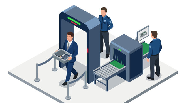 Businessman passing through airport security checkpoint with metal detector and X-ray scanner isometric flat vector illustration.