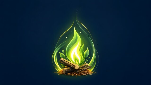 Stylized three dimensional illustration of green flame campfire with logs suitable for biofuel technology presentations sustainable biomass energy banners and eco outdoor brand graphics