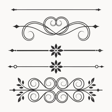 Ornamental text dividers featuring heart shaped scrolls delicate flowers and elegant flourishes for sophisticated document formatting and professional graphic design.