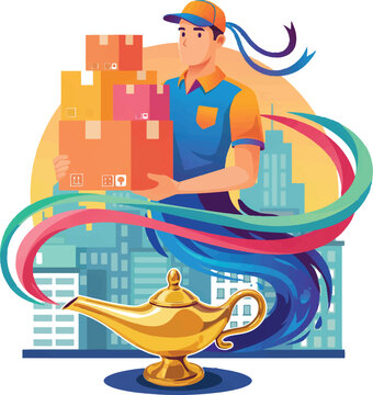 Magic delivery courier with cardboard packages emerging from a genie lamp delivery packages shipping logistics transport business employment ecommerce