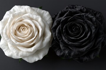 Obraz premium Close-up macro shot of a white rose and a black rose side-by-side, symbolizing contrast and duality.