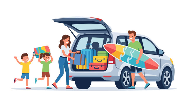 Happy family loading colorful suitcases and surfboard into car trunk for summer road trip flat vector illustration