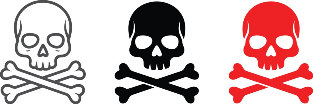 Skull and crossbones icons with editable stroke death symbols for toxic warnings, hazard signs, pirate emblems, security notices, and caution illustrations, vector, designs.