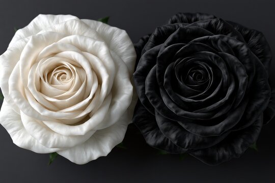 Close-up macro shot of a white rose and a black rose side-by-side, symbolizing contrast and duality.