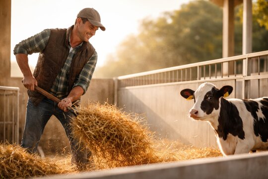 A smiling male farmer shovels hay into a trough while a young Holstein calf watches. This scene represents sustainable agriculture and responsible animal husbandry practices.