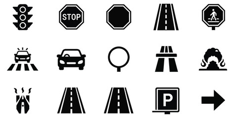 Road traffic signs and transport icons set. Highway navigation symbols and driving elements. © MstSonia