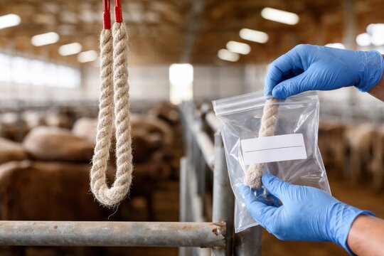 A veterinarian collects a rope sample from a farm for disease analysis. This image is ideal for agricultural research, animal welfare, and veterinary diagnostics.