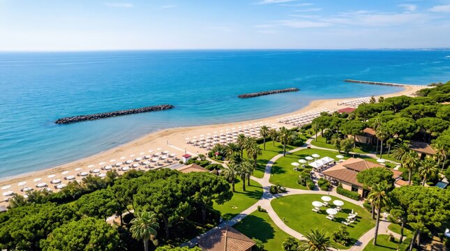 An aerial view reveals a luxurious beach resort with pristine white sand, calm blue sea, and lush green landscape. Ideal for upscale travel and summer holiday advertising.