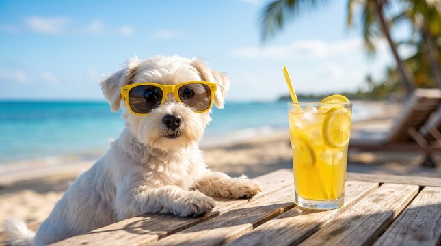 A cute white dog in yellow sunglasses relaxes on a beach table next to lemonade. Great for summer vacations, pet travel, and a fun, relaxed lifestyle.