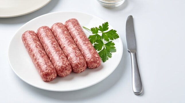 Four raw sausages are presented on a white plate, garnished with fresh parsley and a knife. Ideal for promoting fresh meat, butcher shops, or healthy cooking recipes.
