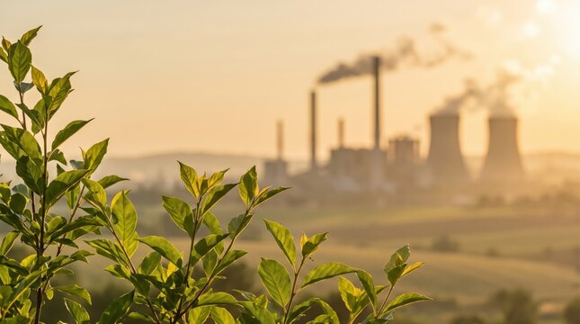 Vibrant green leaves frame a distant, smoky industrial power plant at sunset. This image highlights the critical balance between nature and industrial impact for campaigns.