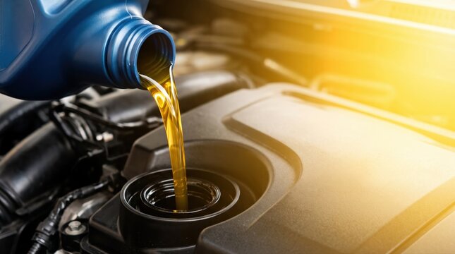 Fresh golden engine oil is poured from a blue bottle into a car engine. This visually represents crucial vehicle maintenance, ideal for automotive service and repair advertisements.
