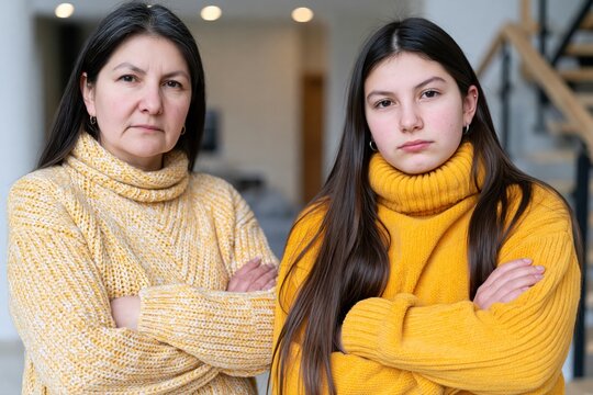 Two women, a mother and daughter, stand with arms crossed, looking serious and unsmiling.