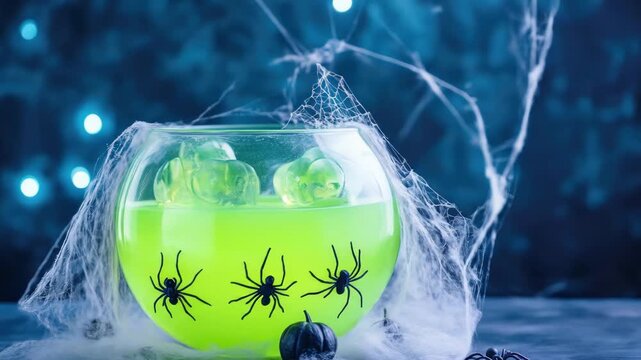 Halloween punch bowl with green potion and spider decorations for spooky parties