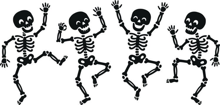 Group of happy dancing skeletons celebrating a fun halloween party