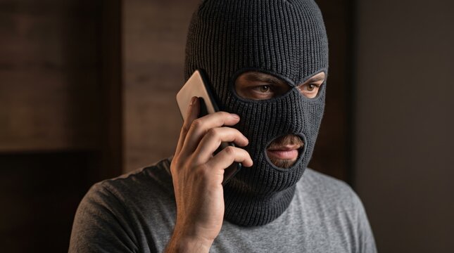 A masked man in a balaclava speaks intensely on a smartphone. This portrays cybercrime, digital fraud, data theft, or online security threats for various projects.