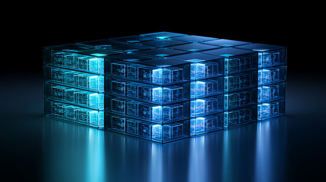 Isometric 3D glass server cube matrix with glowing blue data light