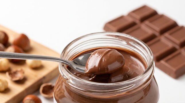 A spoon scoops creamy chocolate hazelnut spread from a jar, alongside whole hazelnuts and chocolate bars. Ideal for breakfast, dessert, and sweet advertising campaigns.