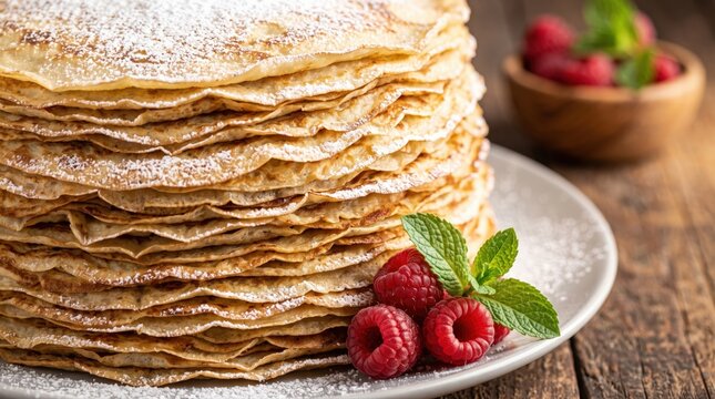 A tall stack of golden pancakes dusted with powdered sugar, garnished with fresh raspberries and mint. Perfect for breakfast menus, food blogs, or heartwarming lifestyle publications.