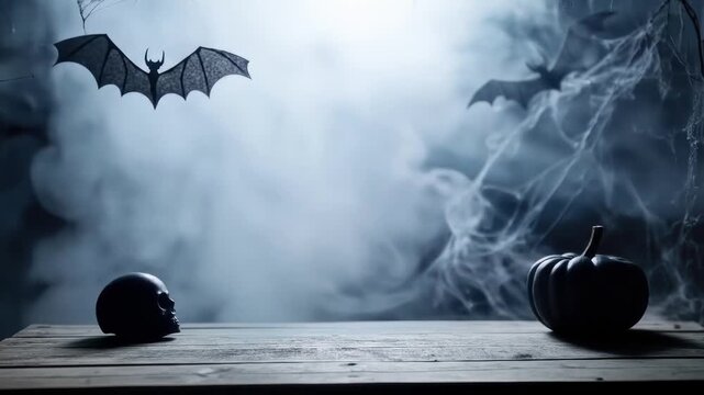 Spooky halloween scene with bats, skull, and pumpkin on foggy night
