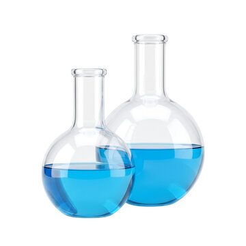 Two laboratory flasks with blue liquid