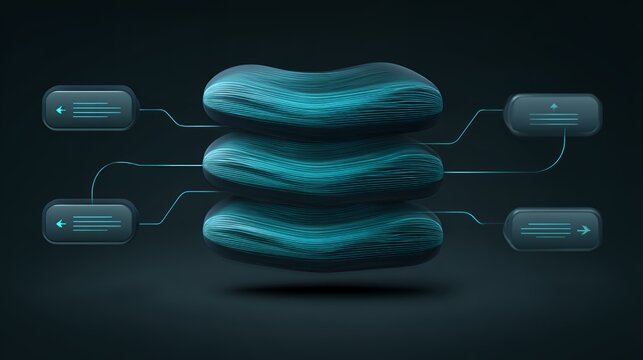 3D dark glowing cyan textured pill shapes connected to user interface elements representing cloud storage data processing and cyber security.