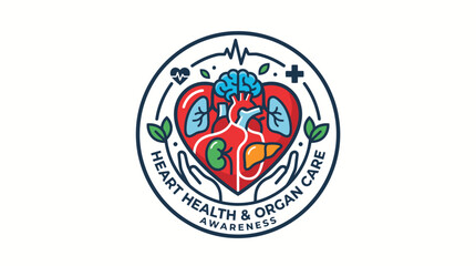 Fototapeta premium Circular medical logo showing internal organs inside a heart held by hands for healthcare awareness and education on white background