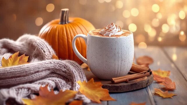 Cozy autumn pumpkin spice latte with cinnamon and cream on rustic wooden table