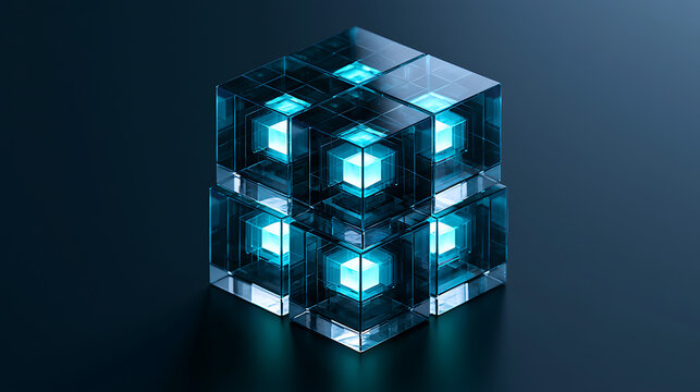 3D isometric glass cube blocks with glowing blue quantum energy core