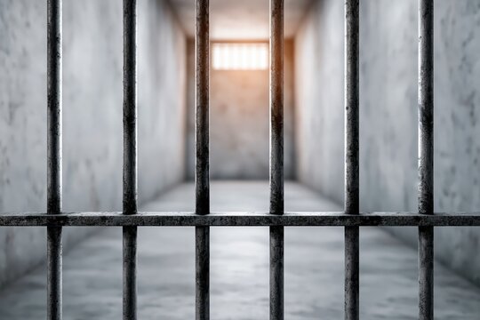 View through prison cell bars towards a dimly lit corridor with a barred window and sunlight.