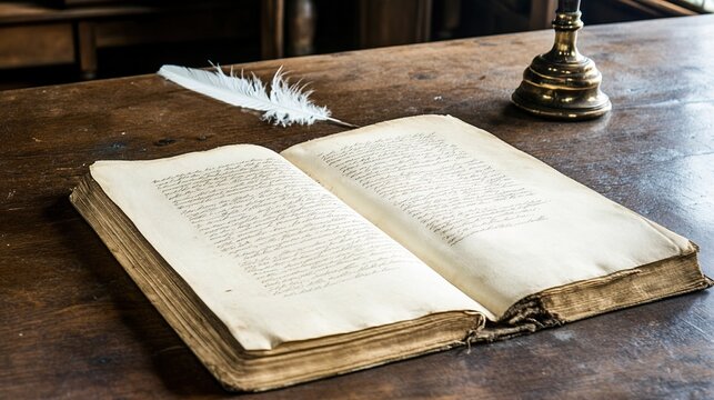 instance. Medieval parchment manuscript on wooden table with feather quill and inkwell, soft window light. event programs, museum guides, designed for cultural heritage projects and event programs.