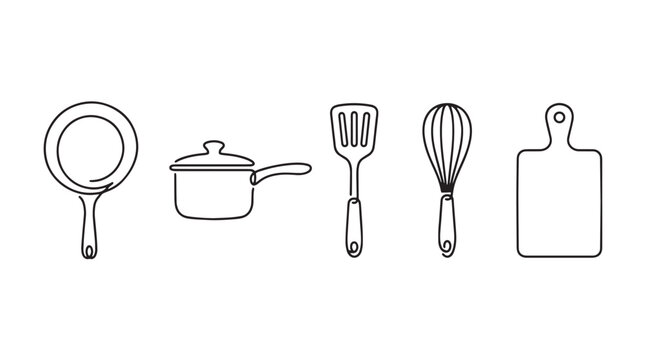 Minimalist kitchen utensils line art set, continuous line drawing of cooking tools, frying pan and pot icons, culinary equipment vector illustration