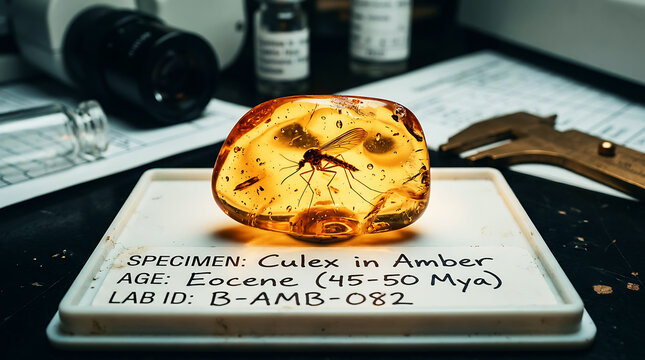 Ancient mosquito preserved in clear amber fossil from eocene era . Ai Generated