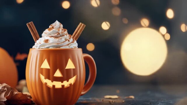 Spooky halloween mug with whipped cream and cinnamon sticks under festive lights