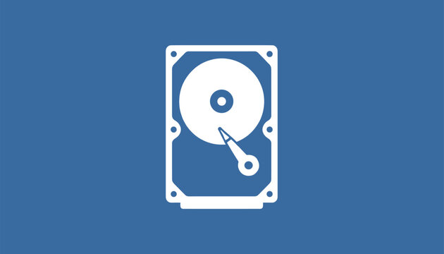 Computer hard drive line icon representing digital database storage and hardware systems on a blue background.