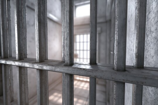 Close-up view of weathered metal prison bars with a dimly lit cell and barred window in the background.
