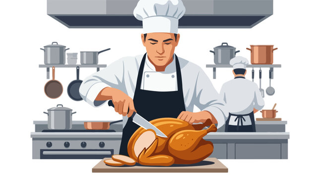 Professional male chef carving a roasted turkey in a modern commercial kitchen flat design vector illustration