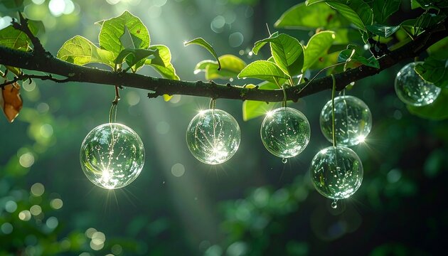 Transparent glass orbs with dew drops hanging on green leaves branch in sunlit forest
