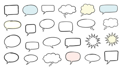 Fototapeta premium Large set of hand-drawn colorful speech bubbles, text clouds, and thinking bubbles on a white background.