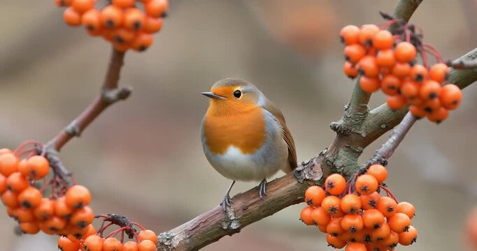 European robin perched on rowan tree branch with orange berries during cold winter season.
