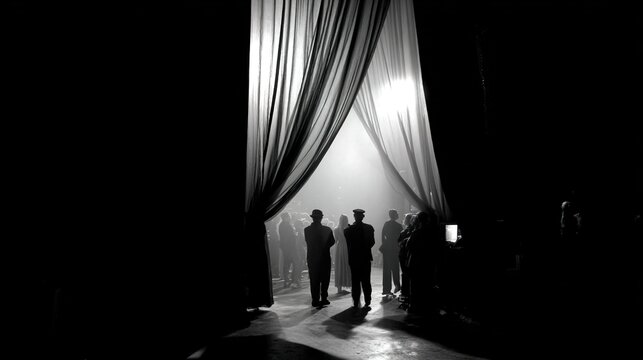 backstage. Theater backstage with actors waiting silently in dim light, side curtains swaying. event programs, museum guides, designed for cultural heritage projects and event programs.
