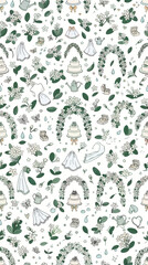 Obraz premium A clean, repeating seamless pattern in a hand-drawn doodle style. The theme is the beauty of the Stephanotis flower (Madagascar jasmine). On a plain solid white background, arrange numerous small, col