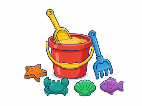 Beach toys vector illustration. Plastic sandbox toys with bucket, spade, rake and starfish mold, kids summer holiday and outdoor fun concept, simple modern illustration isolated on white background.