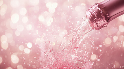 Fototapeta premium Pink Champagne Bottle with Bubbles on Sparkling Background