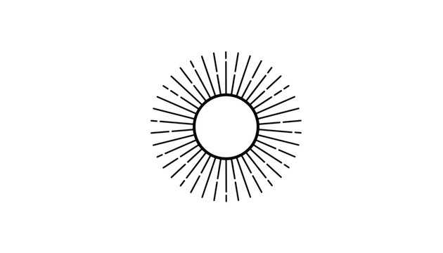 Minimalist circular sunburst icon with black solid and dashed lines radiating outwards on a clean white background.
