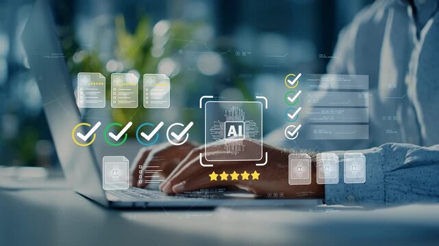 Business professional reviewing documents with animated glowing AI icon and checklist, intelligent document processing, workflow automation and digital business dashboard